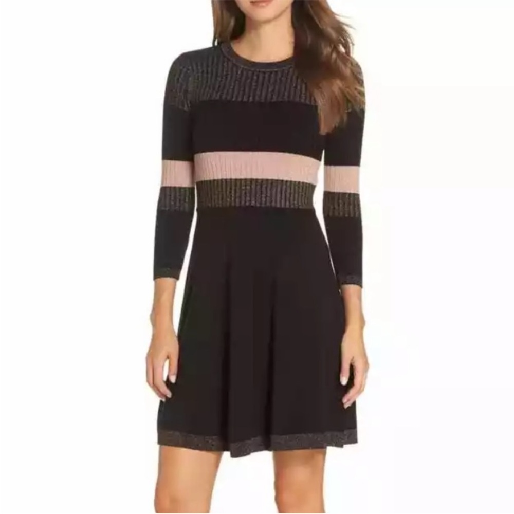 Gorgeous Black, Pink, and Metallic Gold Striped Sweater Dress